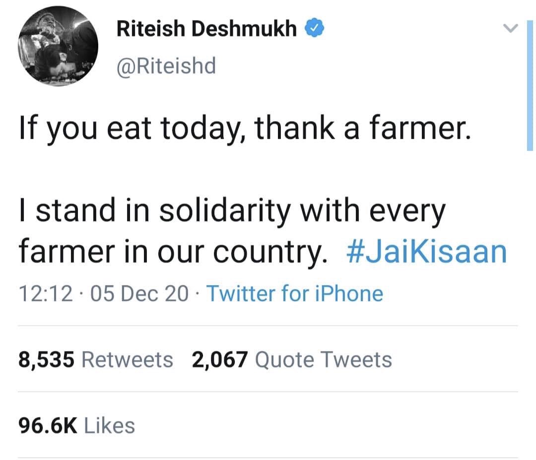 Punjab and all the Farmers from india will never forget this gesture Ritesh. Thanku @Riteishd #supportfarmer #kisanmajdoorektajindabad