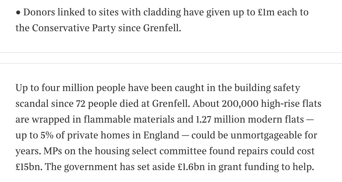 robblackie's tweet photo. People are stuck in flats with dangerous cladding.

Yet the Sunday Times reveals that the companies responsible have made more than £10bn of profits since 2017 - and contributed millions to the Conservative party.

#EndOurCladdingScandal https://t.co/2UT0HQbqgh