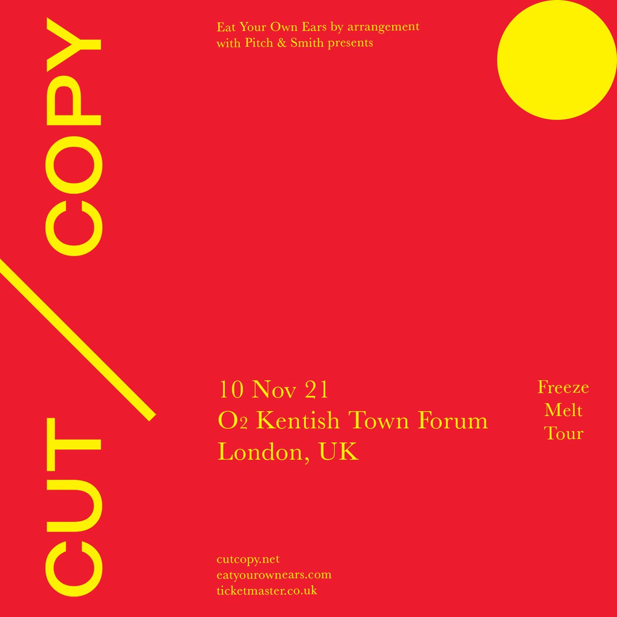 In support of shimmeringly melodic new album ‘freeze/melt’ on <a href="/cuttersrecords/">Cutters Records</a> 

<a href="/cutcopy/">cut/copy</a> play <a href="/O2ForumKTown/">O2 Forum Kentish Town</a> 
November 10 2021

“as meticulous as it is melancholy,  profoundly personal and universal at the same time" <a href="/ClashMagazine/">CLASH</a> 

Tickets on-sale now
ticketweb.uk/event/cut-copy…