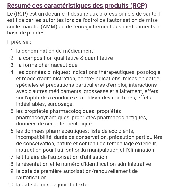  [Info aux professionnels]La source  est le résumé des caractéristiques du produit (RCP) qui suit un plan standardisé classique à 10 rubriques : voir image (source  @ansm)Un exemple pour le DOLIPRANE (=paracétamol) 500 mg comprimé :  …http://base-donnees-publique.medicaments.gouv.fr/affichageDoc.php?specid=65196753&typedoc=R