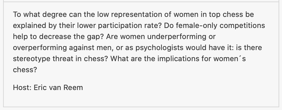 LondonChessConf's tweet image. Sun 11:00 - 12:00 GMT The Gender Gap
@CamachoCollados (Cardiff University)
@AliceOGorman1 (@ECUonline ECU Women´s Commission)
@dsmerdon (University of Queensland) 
@tomstafford (Sheffield University)
Hosted by @Chessurfer

#ChessTech2020