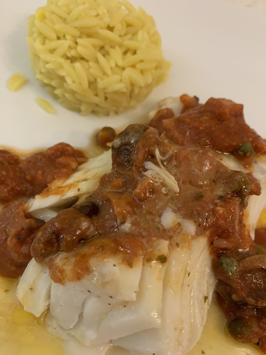 rico_stathis's tweet photo. Saturday dinner #cod loin a simple  but delicious sauce of smoked bacon, shallots, kalamata, capers,  passata, Cypriot oregano &amp; saffron infused orzo  and a rather delightful #Viognier a good sample from @sainsburys #homecooking #WinesofChile #CodLoin #simplecooking #healthyfood https://t.co/GeHzu3nj6h
