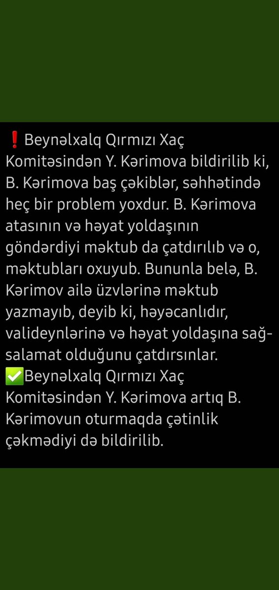 NicatKe17304839's tweet photo. Bayram haqqında verilən bu məlumat doğrudur ama biz yenədə çox narahatıq və şübhəli məqamlar çoxdur,Amin qardaşımızın şəklini nətər çəkmişdilər elə şəkil gozluyurduk biz ən azından ama şifahi söz çatdırırlar.Umidimiz birinci Allaha sonra Ali baş kamandanadir. https://t.co/IJVTuWgjNj
