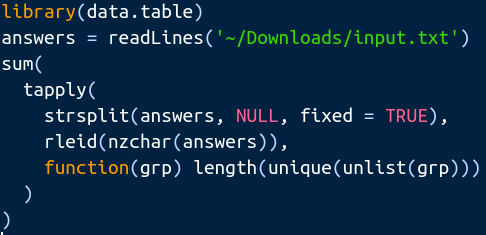 michael_chirico's tweet photo. #rstats #rdatatable's rleid makes for a handy quick solution to the #AdventOfCode. A wild tapply() emerges  🙃

2nd shot has some explanations; 3rd shot has some  #basePipe action for fun https://t.co/gjvm7TEx5a