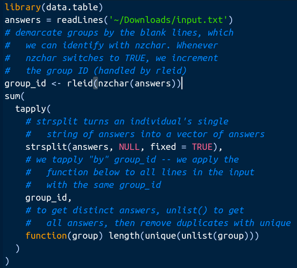 michael_chirico's tweet photo. #rstats #rdatatable's rleid makes for a handy quick solution to the #AdventOfCode. A wild tapply() emerges  🙃

2nd shot has some explanations; 3rd shot has some  #basePipe action for fun https://t.co/gjvm7TEx5a