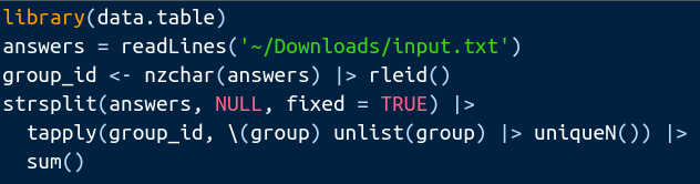 michael_chirico's tweet photo. #rstats #rdatatable's rleid makes for a handy quick solution to the #AdventOfCode. A wild tapply() emerges  🙃

2nd shot has some explanations; 3rd shot has some  #basePipe action for fun https://t.co/gjvm7TEx5a