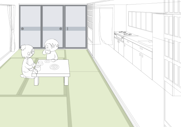 ぴーく P Owo Q 線画 O ｵﾜﾀ 主線はペンの種類を変えたらレイヤーモードをカラーにしてもモンヤリしなくてアンチエイリアスもかけられました 今まで筆で描いていた ちゃぶ台と障子とカーテンはレイヤーが違うので後ろの線を消してません