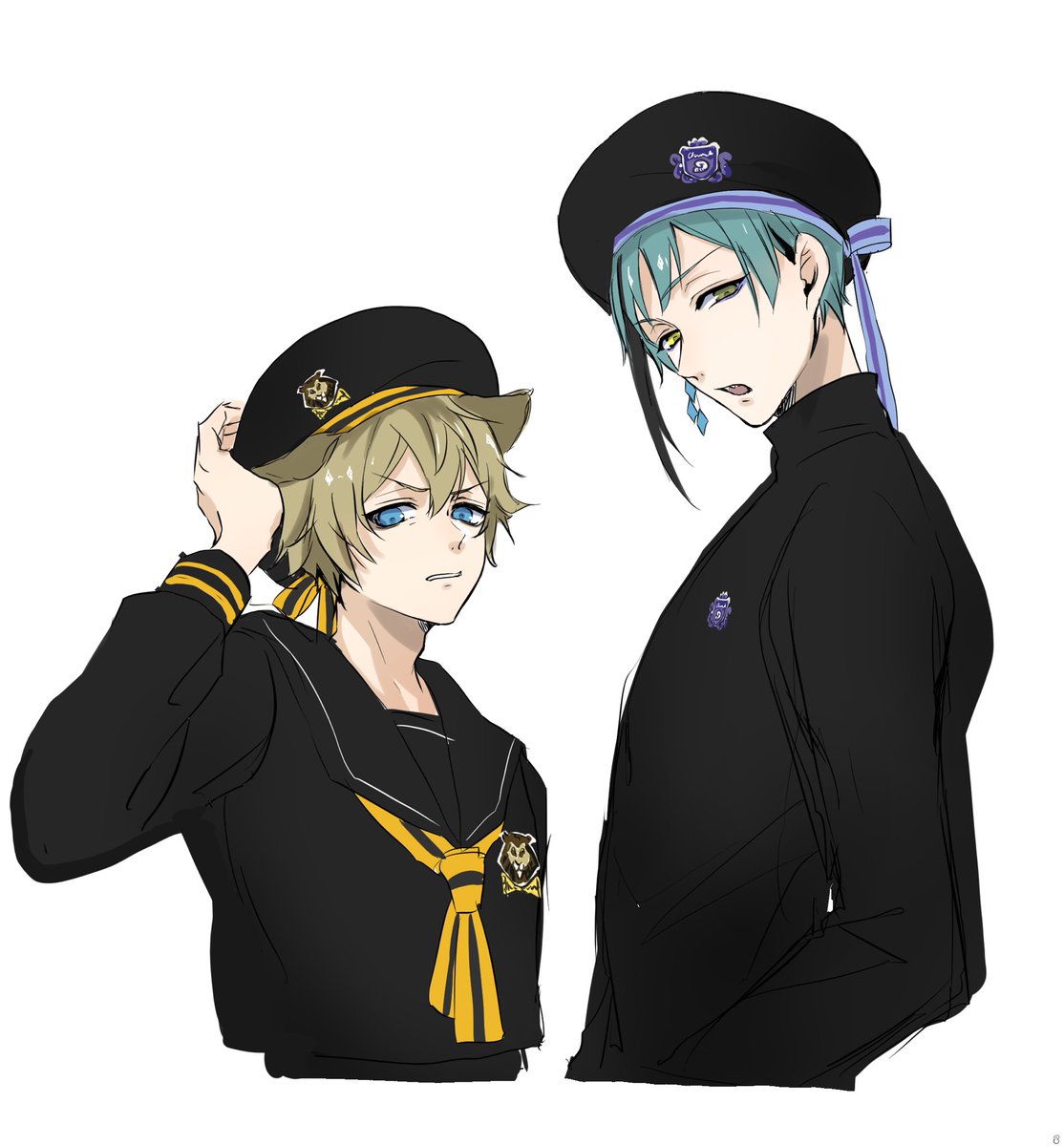 multiple boys 2boys male focus hat heterochromia school uniform earrings  illustration images
