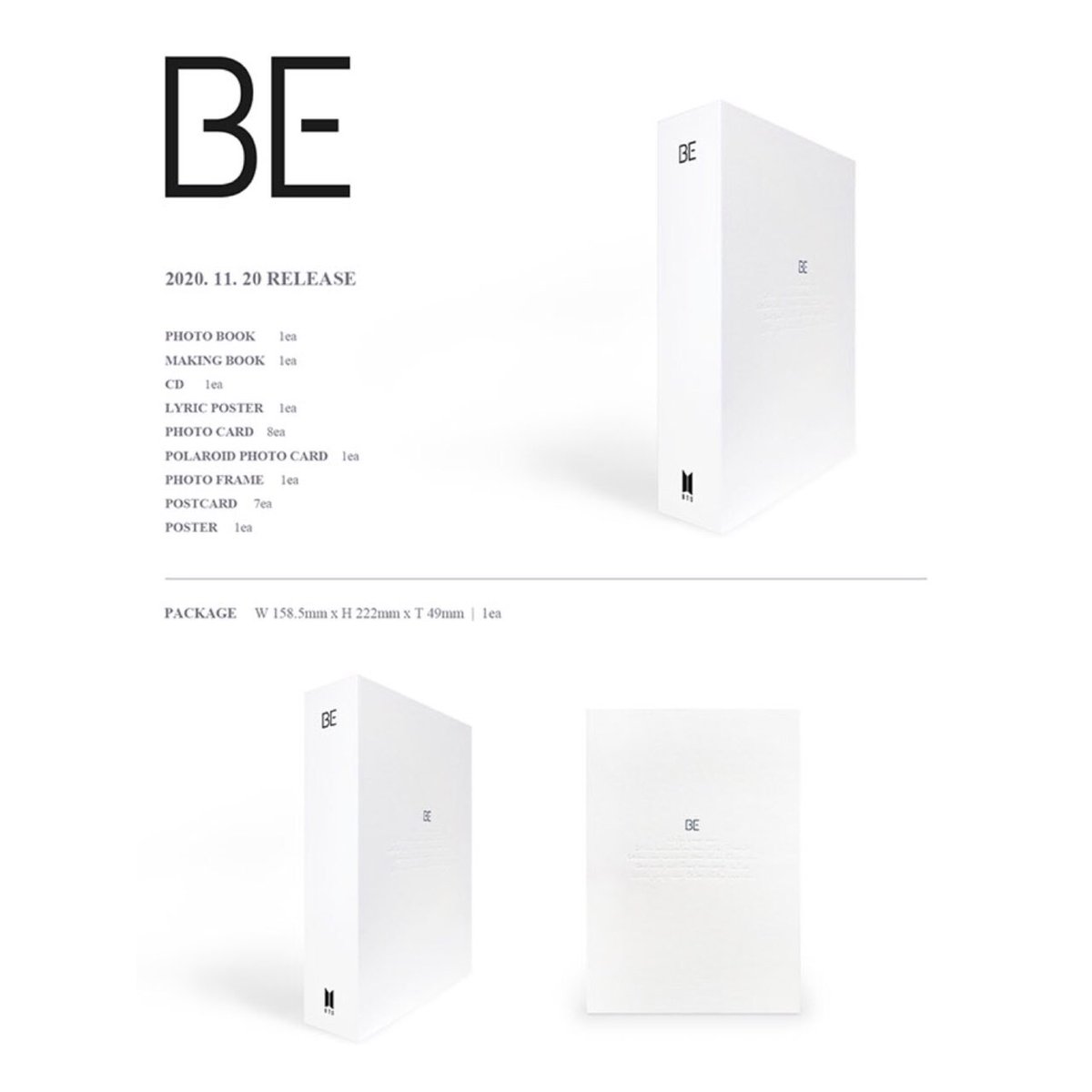 ImNochuBar's tweet photo. BTS BE Album Deluxe Edition
Details:
- 1 CD
- Photo Book : 148 X 210 X 16mm / 100 pages, 92 pages
- Making Book : 148 X 210mm / 32 pages / 1 EA
- Lyric Poster : 444 X 630mm / 1 EA
- Photo card : 54 X 86mm / 8 EA
- Polaroid Photo card : 54 X 86mm / 1EA
~TBC~ https://t.co/99VwjXRL6d