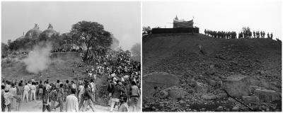 Sam____86's tweet photo. L: December 6, 1992, the day the Babri Masjid was razed to the ground: a Ram Katha no Valmiki or Tulsi wrote.

R: On the morning of December 7, 1992: The makeshift Ram temple on the site of the demolished Babri Masjid being guarded by paramilitary forces. 
Photo: T. Narayan https://t.co/JVFKGLqFdH