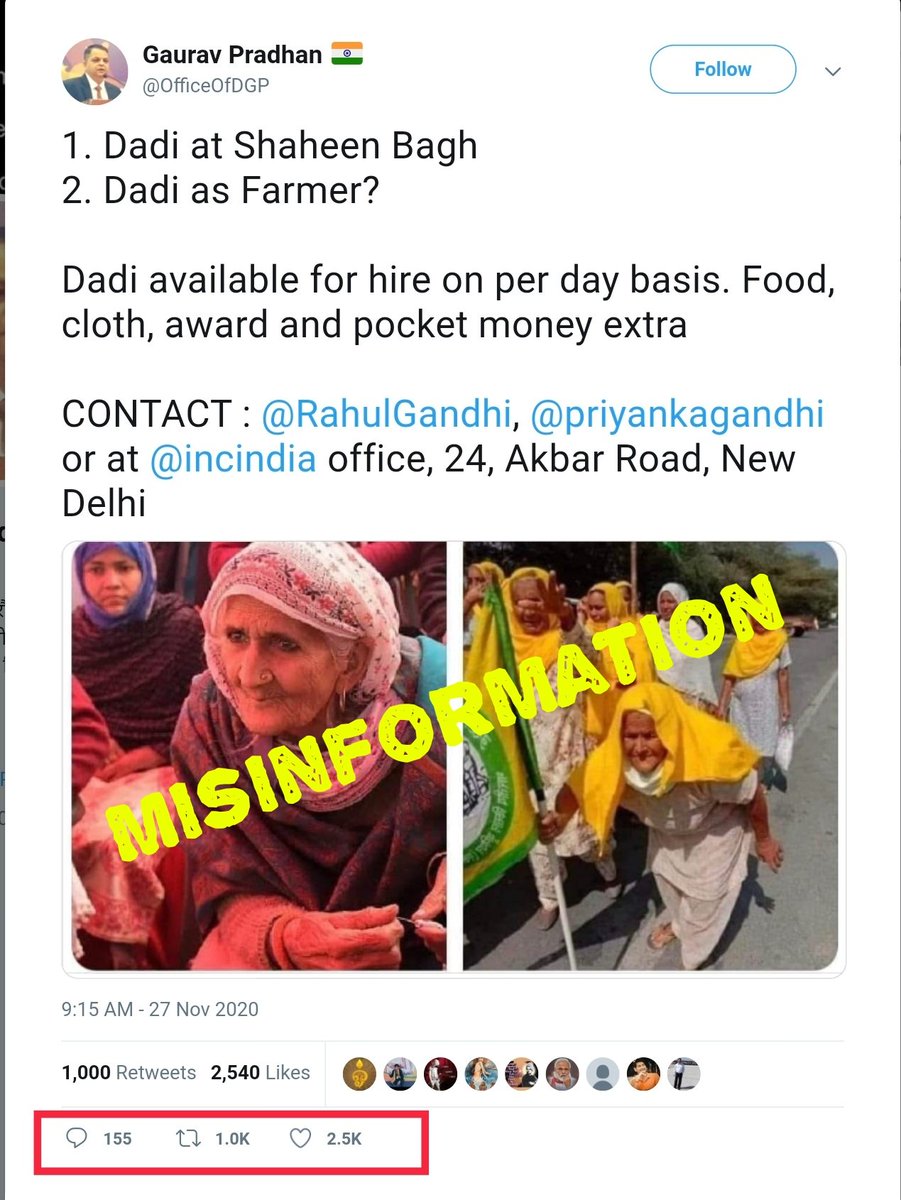 A photo of an elderly woman participating in a farmers' protest in Punjab in October was shared with the false claim that she is 'Shaheen Bagh Dadi' Bilkis Bano who was present in the recent farmers' protest.  #AltNewsFactCheck 3/n  https://www.altnews.in/shaheen-bagh-dadi-at-recent-farmers-protest-no-photo-of-elderly-woman-from-october/?utm_source=website&utm_medium=social-media&utm_campaign=newpost