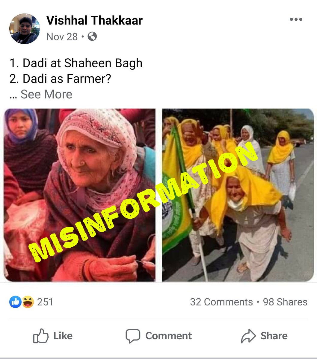 A photo of an elderly woman participating in a farmers' protest in Punjab in October was shared with the false claim that she is 'Shaheen Bagh Dadi' Bilkis Bano who was present in the recent farmers' protest.  #AltNewsFactCheck 3/n  https://www.altnews.in/shaheen-bagh-dadi-at-recent-farmers-protest-no-photo-of-elderly-woman-from-october/?utm_source=website&utm_medium=social-media&utm_campaign=newpost