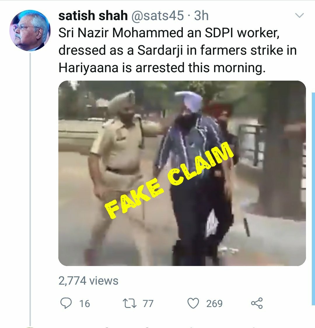 A video of Sikh man's turban removed by cop during 2011 protests by retrenched rural veterinary pharmacists in Mohali was revived with the false claim that SDPI's 'Nazir Mohammed' disguised as Sikh at farmers' protest.  #AltNewsFactCheck 6/n https://www.altnews.in/2011-video-revived-with-false-claim-that-muslim-man-wore-sikh-turban-during-farmer-protest/?utm_source=website&utm_medium=social-media&utm_campaign=newpost