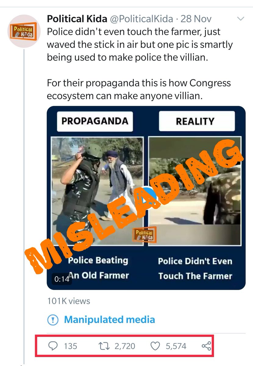 A viral image of a cop swinging his baton at an elderly farmer was tweeted by Rahul Gandhi criticising Modi govt for farmers' protest. In response, Amit Malviya shared a clipped video to water down police action.  #AltNewsFactCheck 7/n https://www.altnews.in/amit-malviya-tweets-clipped-video-to-water-down-police-action-on-protesting-farmers/?utm_source=website&utm_medium=social-media&utm_campaign=newpost