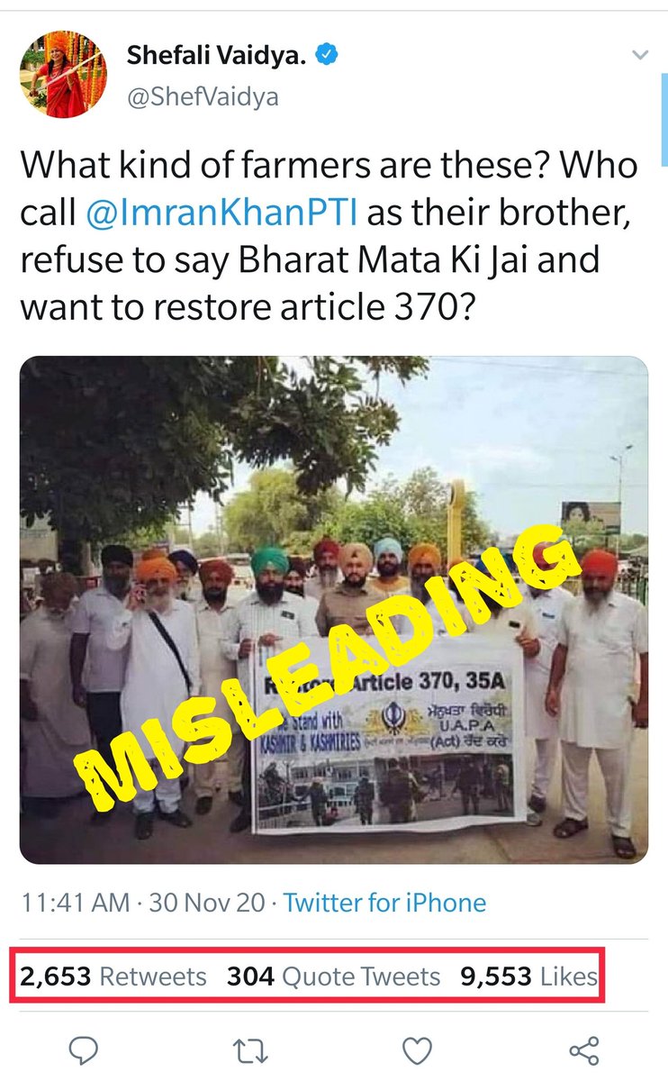 A 2019 photo of Shiromani Akali Dal Amritsar protesting the revocation of Articles 370 and 35A from J&K has been falsely shared as farmers raising the Kashmir issue during ongoing protests.  #AltNewsFactCheck 8/n https://www.altnews.in/old-unrelated-photo-shared-as-farmers-protesting-revocation-of-article-370-and-uapa/?utm_source=website&utm_medium=social-media&utm_campaign=newpost