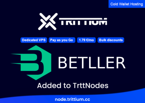 Now you can deploy a #BetllerCoin cold #masternode at the #trttNodes platform for only  1.79 Euro per month.
Welcome to the new <a href="/BetllerOfficial/">Betller ⚔️</a> members.
$trtt #trittium  $BTLLR!
node.trittium.cc