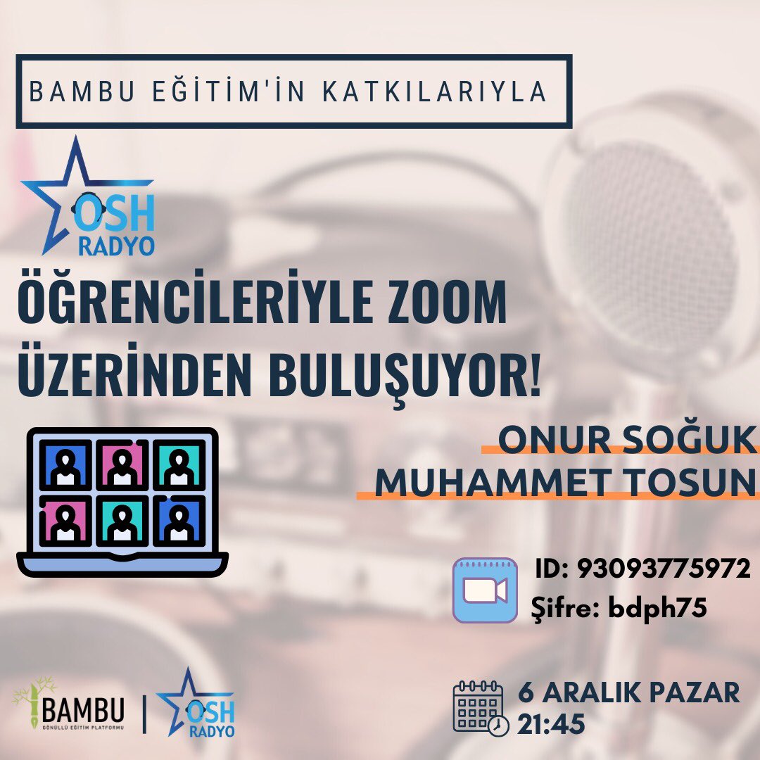 Bu akşam saat 21.45’te gerçekleşecek zoom buluşmamıza tüm OSH Radyo öğrencilerini bekleriz! 
Görüşmeye afişteki id ve şifreyi kullanarak giriş yapabilirsiniz.
<a href="/OnurSogukHoca/">Onur Soğuk</a> <a href="/MuhammedTsn/">Muhammet Tosun</a>