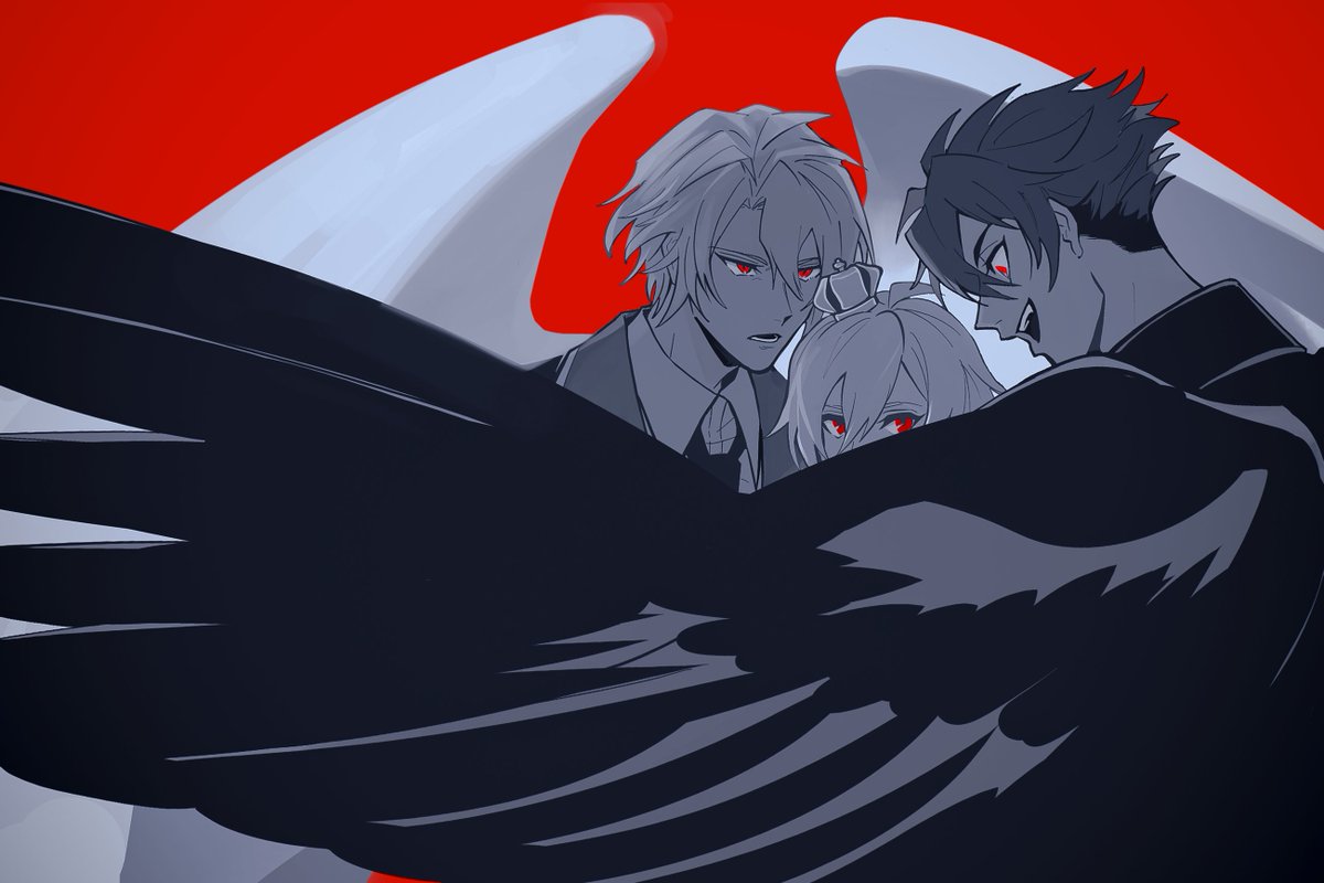 multiple boys wings red eyes 2boys short hair red background feathered wings  illustration images