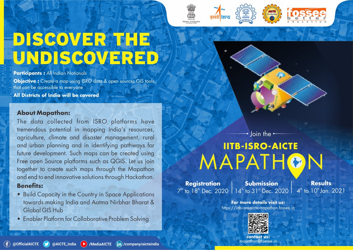 #AICTEdge @AICTE_INDIA @iitbombay @isro presents #Mapathon ! A crowd sourced mapping initiative using open source software @FOSSEE to create resource maps for future development, capacity enhancement & make #AtmaNirbharBharat For details👉iitb-isro-aicte-mapathon.fossee.in @PMOIndia