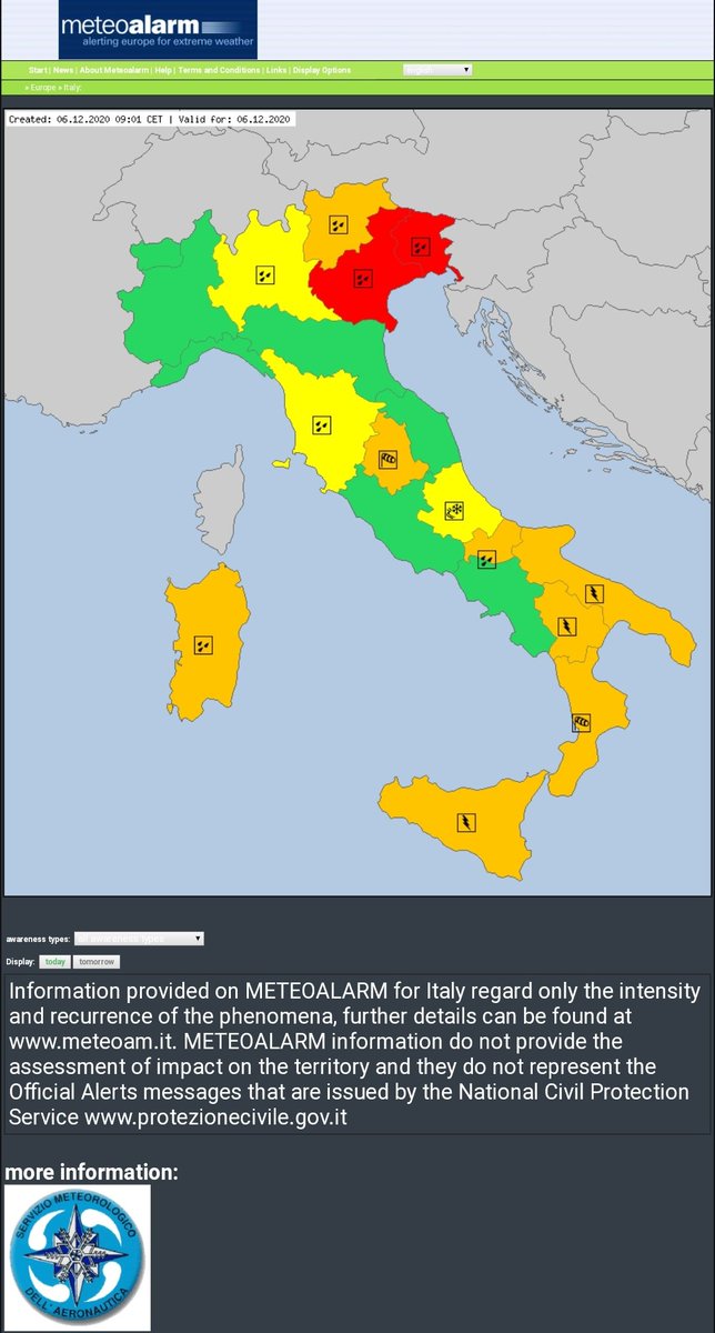 Meteoalarm map of Italy showing active red, orange and yellow weather warnings