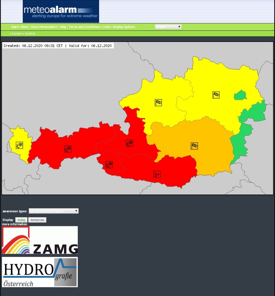 Meteoalarm map of Austria showing active red, orange and yellow weather warnings