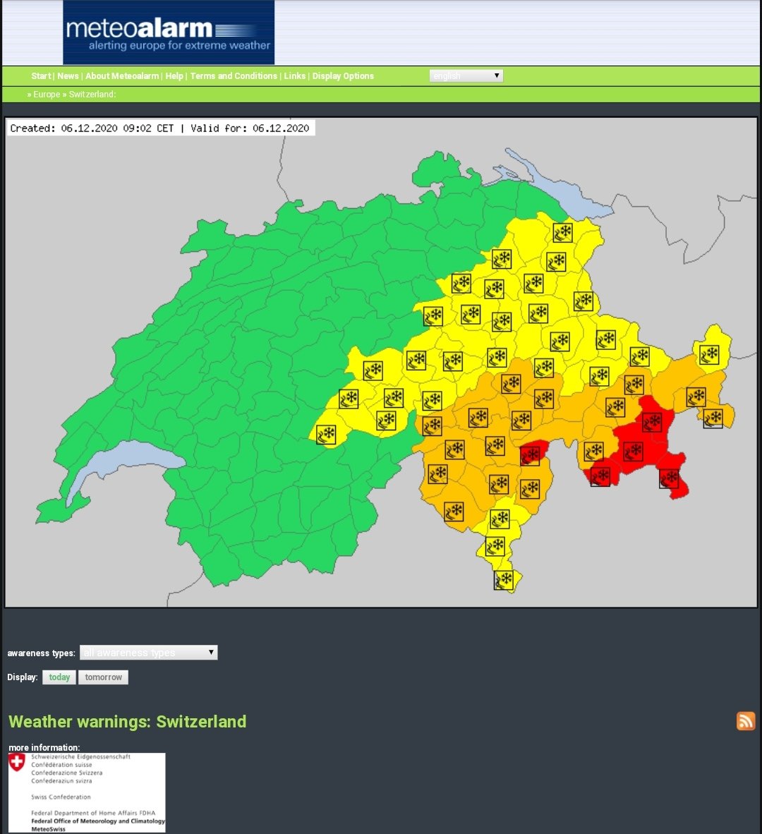 Meteoalarm map of Switzerland showing active red, orange and yellow weather warnings