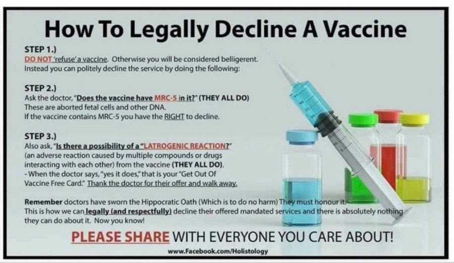 herestherealtea's tweet photo. 3 steps to legally avoid the vax #HippocraticOath #abortedfetalcells #vaccines #coronavirus #COVID19 #CovidVaccine #antivax
#Patriots @NoAgendaNation https://t.co/ulnEkJ8mtS