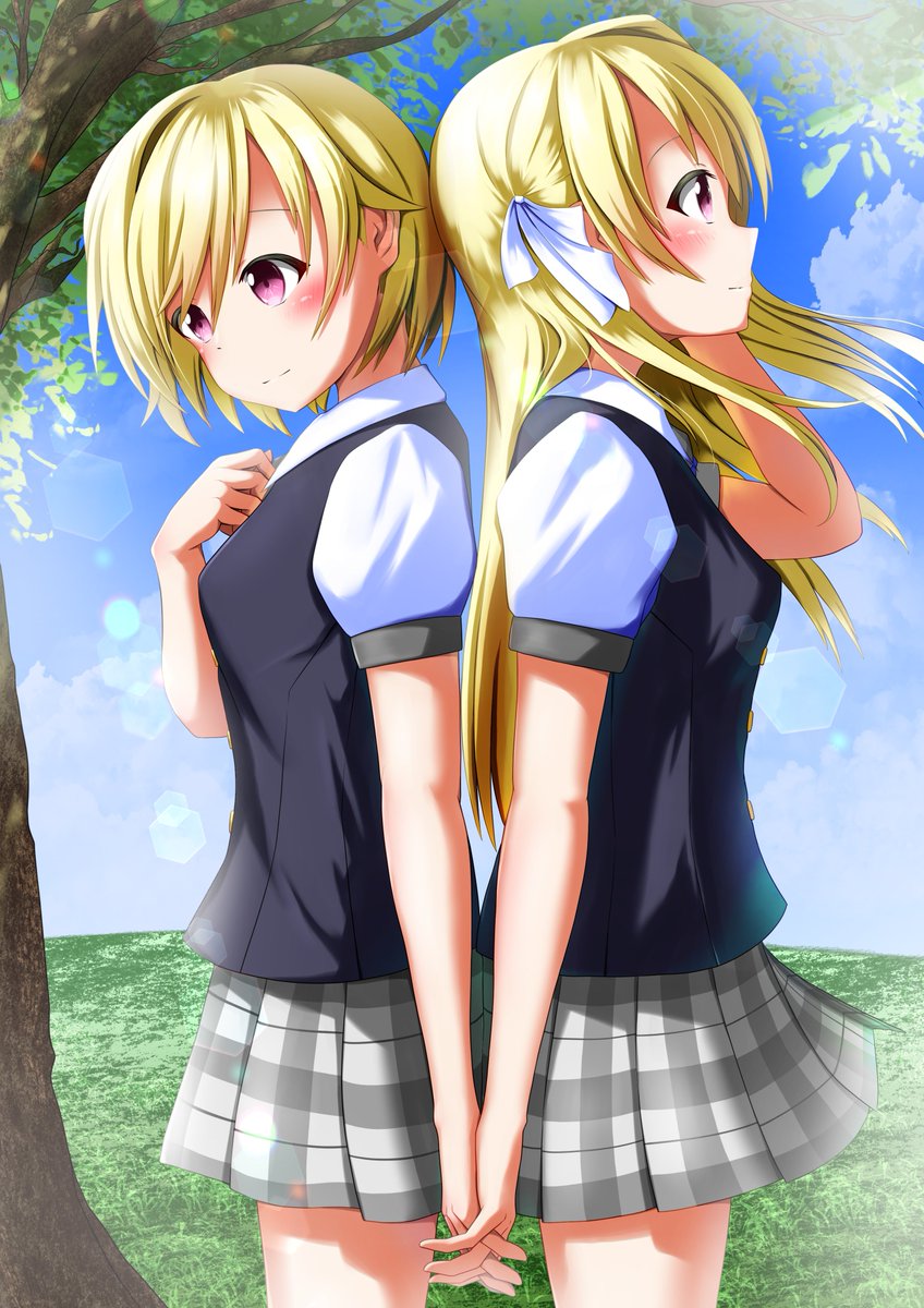 multiple girls 2girls blonde hair school uniform holding hands skirt long hair  illustration images