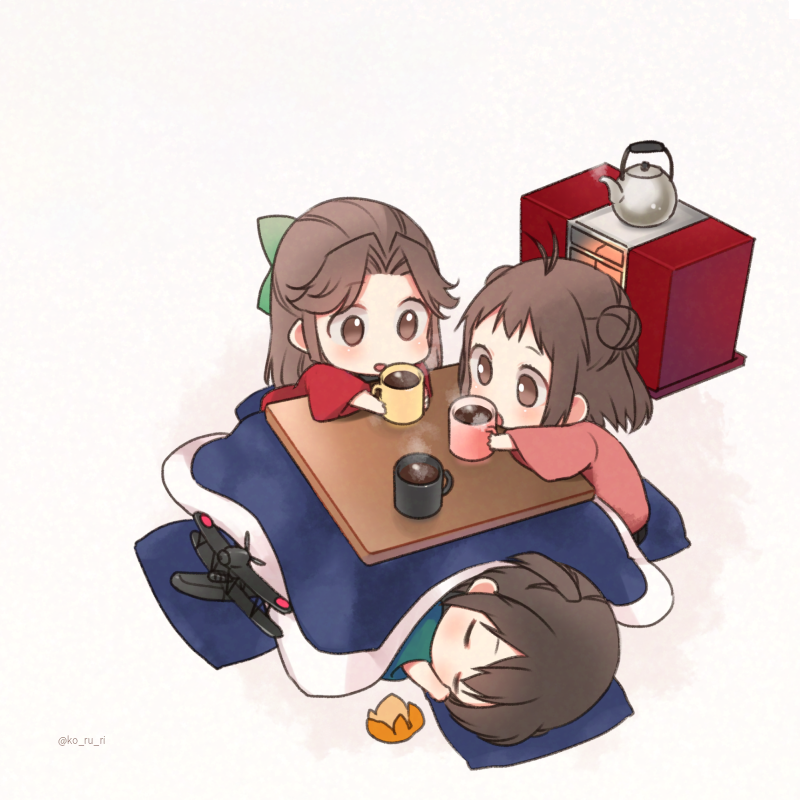 jintsuu (kancolle) ,naka (kancolle) ,sendai (kancolle) 3girls multiple girls table kotatsu brown hair cup hair bun  illustration images