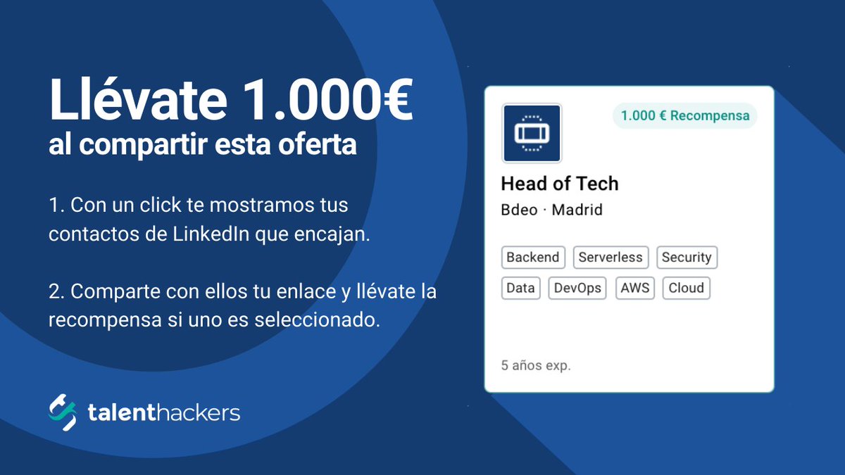TalentHackersES's tweet image. ¿Cuántos #HeadOfTech tienes en tu red?
Comparte esta oferta y llévate 💸 1.000€

1. Mira tus contactos que encajan 👀  mtr.cool/msgtbgufzw
2. Ahora accede a mtr.cool/tpnjqopmls y pulsa en &quot;Conozco a alguien&quot;
3. Copia el enlace que se genera y envíales.