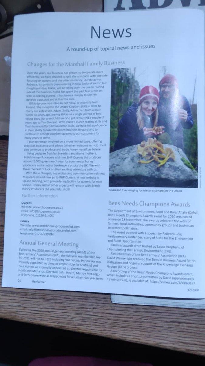 Update about BHP Queens in the latest Bee Farmer magazine with a lovely picture of Riikka and Tim mushroom picking in Finland. bhpqueens.co.uk