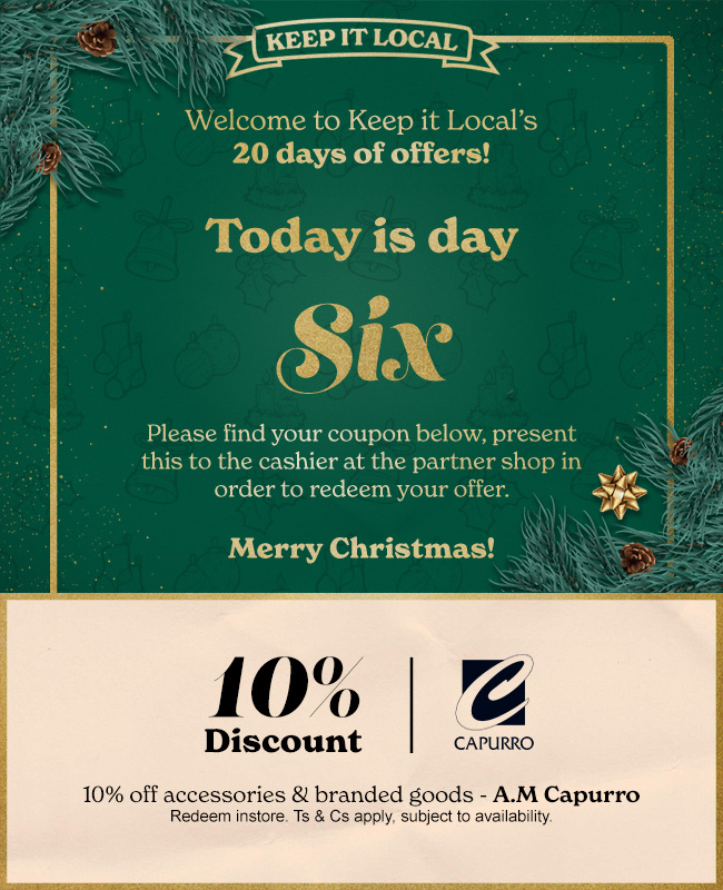 10% Discount on accessories and branded goods at @A.M. Capurro for day 6 of our #20DaysOfOffers 

It's going to keep getting better so click on the link and subscribe so you don't miss anything 😜 keepitlocal.gi/#subscribe-form

Happy Local Shopping! #KeepItLocalGibraltar