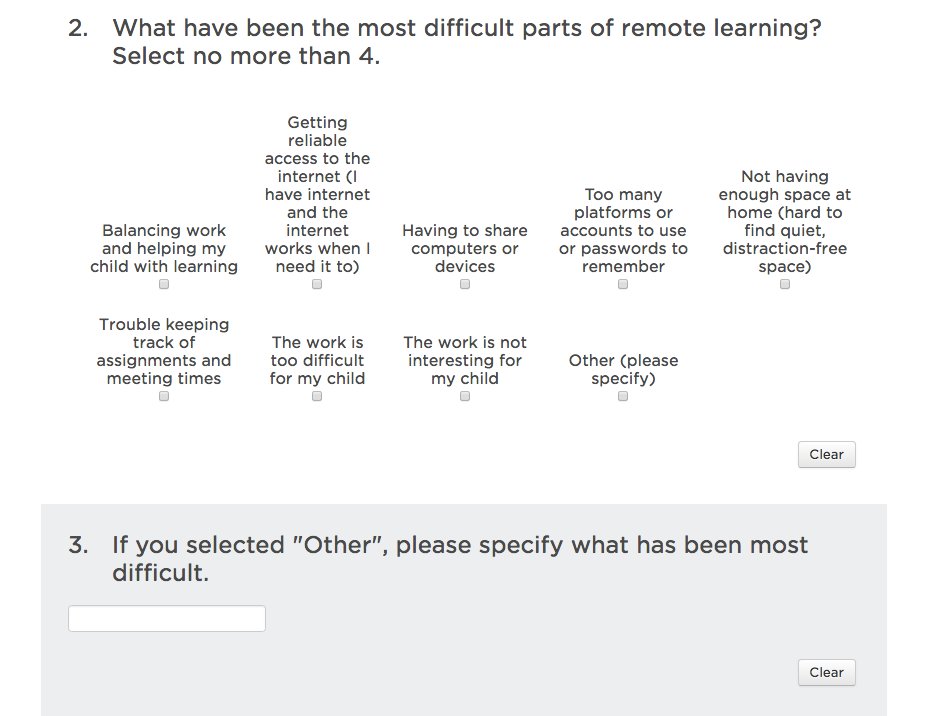 8/ And there’s a long, exquisitely detailed question about all the ways remote learning is ruining your family, and if by chance they left something off the list, you get the *one and only* actual text box to elaborate on what else you hate! Woo hoo!