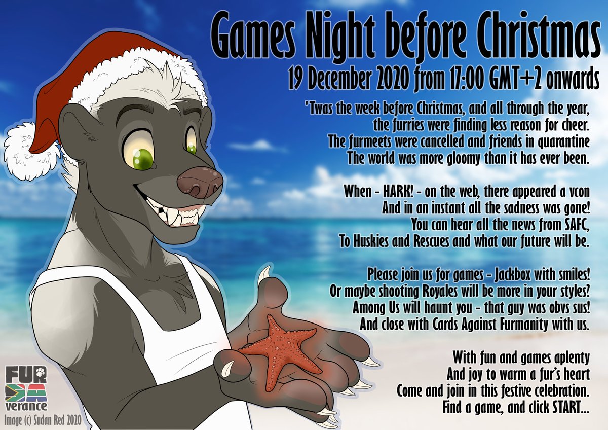 FURSAverance's tweet photo. Join us for a pre-Christmas wind-down event!  A fun evening of laughs &amp; action, while also generating some funds for FURSAverance 2021 (can anyone say MERCH? 🤩).

🌟SATURDAY, 19 DECEMBER 2020🌟
🌟FROM 17:00 GMT+2 UNTIL WE CAN'T ANYMORE🌟

(read on in the thread...) [1/3] https://t.co/c2Jhu0D2za