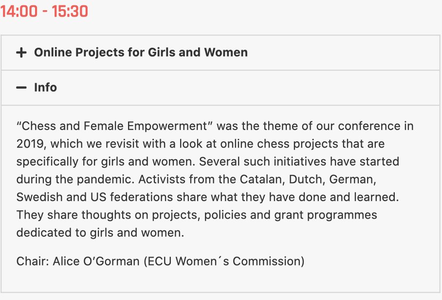 LondonChessConf's tweet image. 14:00 - 15:50 GMT
Online Projects for Girls and Women
@JenShahade &amp;amp; Adia Onyango - @USChess
@Biancachess - @schaakbond
Polina Otto - @SwedishChessFed
Teresa Munoz - @escacs_cat
@LilliHahn10 - @Schachbund
Chair: @AliceOGorman1 - @ECUonline Women´s Commission
#ChessTech2020