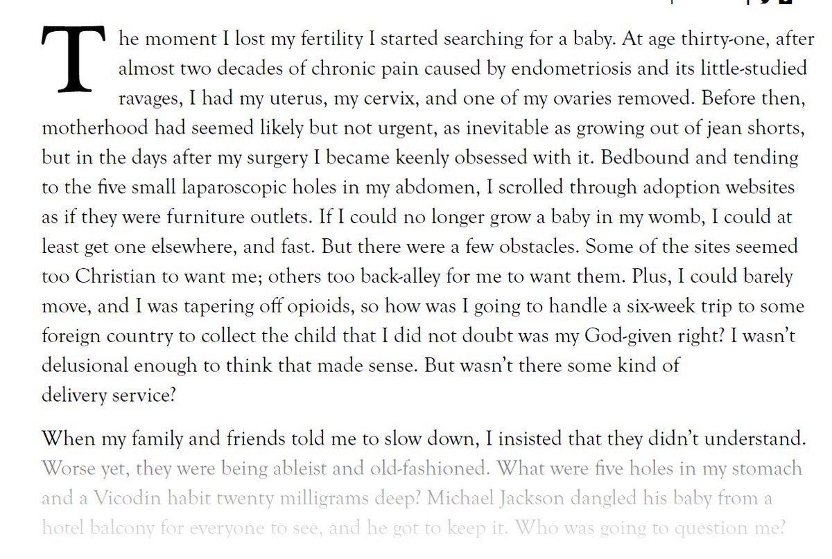 Lena Dunham on the end of her fertility  https://harpers.org/archive/2020/12/false-labor-lena-dunham-fertility/