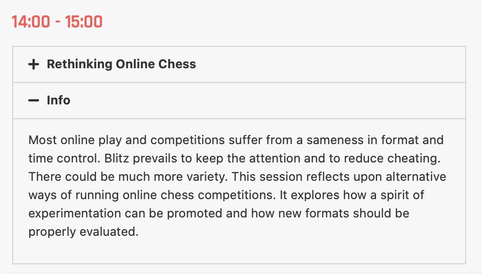 LondonChessConf's tweet image. Sun 14:00 - 15:00 GMT
Rethinking Online Chess
Judit Sztaray (Mechanics Chess Club San Francisco)
@DavidCordover (@TorneloChess)
@StefanLoeffler  (@ChesstechNews, chair)
#ChessTech2020