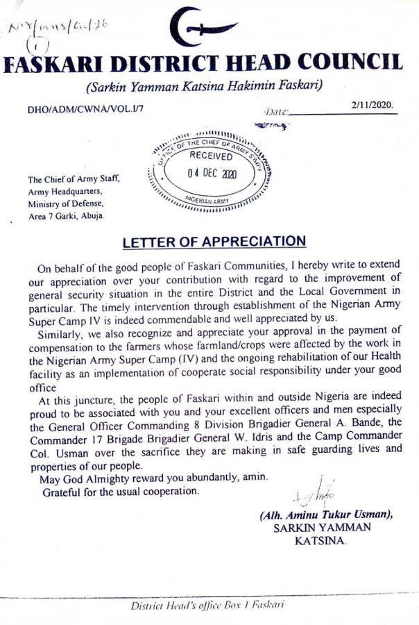 DejiAdesogan's tweet photo. The #Faskari Communities of #Katsina State have written appreciation letter to the COAS Lt-Gen Buratai for the improved security in their communities & also described the ongoing Operation Sahel Sanity & Nigerian Army’s Super Camp IV strategy as a timely intervention #SecureNorth https://t.co/R5jPgULFeO