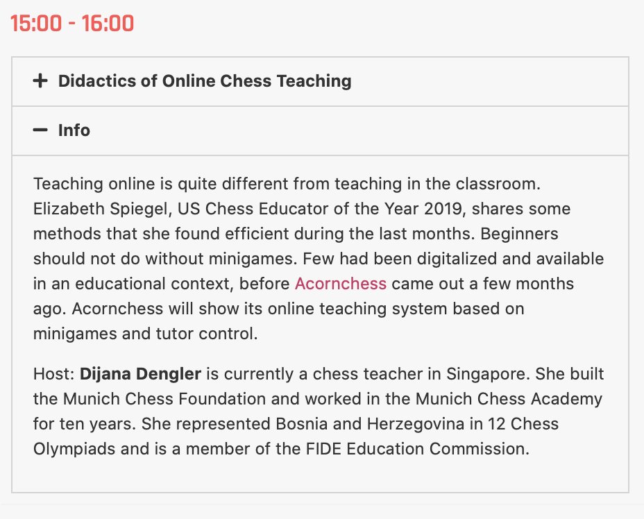 LondonChessConf's tweet image. 15:00 - 16:00  GMT - Didactics of Online Chess Teaching
@elizspiegel Elizabeth Spiegel (I.S. 318 Brooklyn)
@AV_chess  Andrew Varney (@AcornChess)
Host: @DijanaDengler 
#ChessTech2020