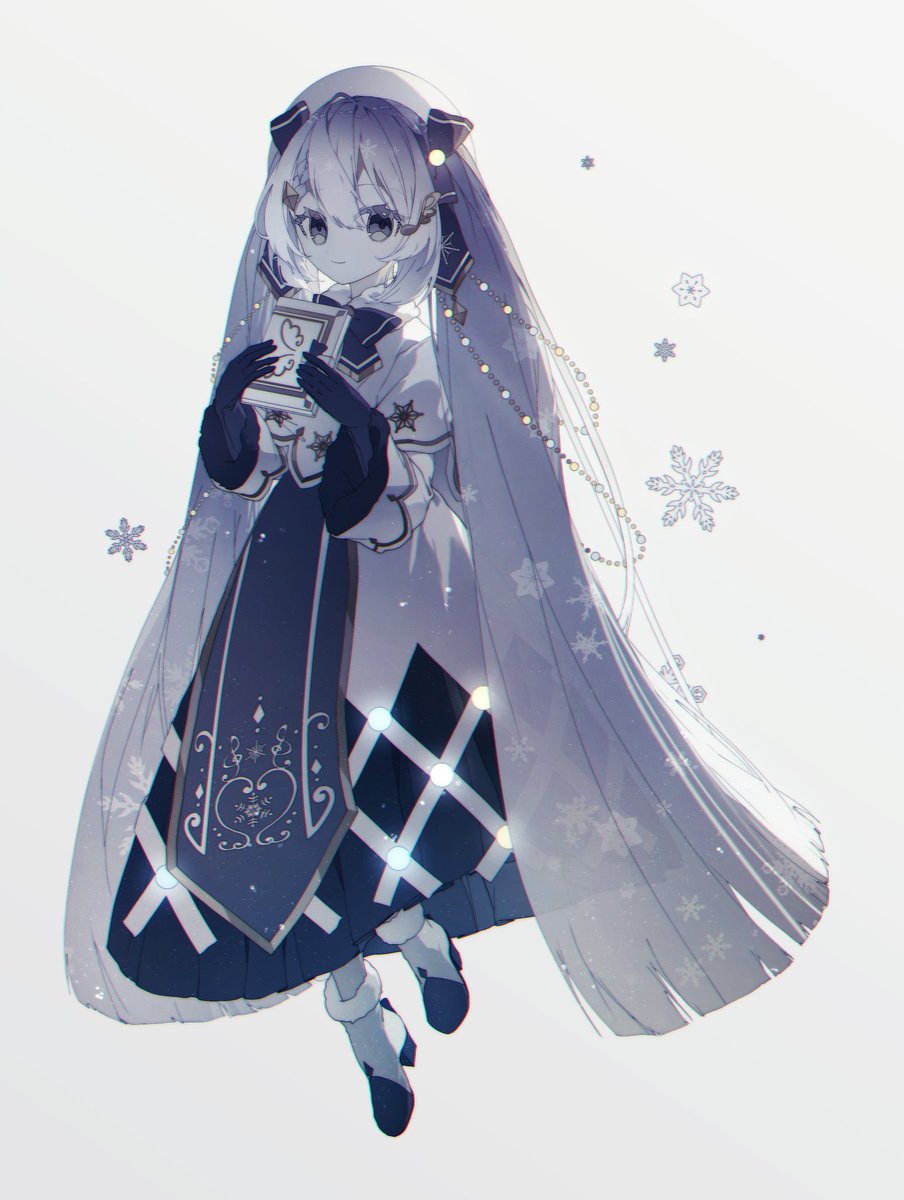 hatsune miku ,yuki miku 1girl holding book snowflake print book solo holding very long hair  illustration images