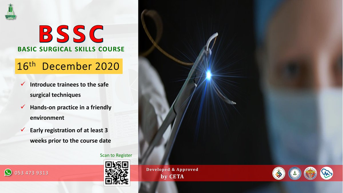 "Safe Surgery Saves Lives"
- Basic Surgical Skills Course - 
on 16 Dec. 2020 (Wednesday)
Join us and register NOW!
For more info, pls contact us thru Whatsapp 
#0534739313

<a href="/Dralmarhabi/">Dr.Almarhabi, Yahya</a>
<a href="/CSSCKau/">ClinicalSkills&SIM</a>
<a href="/SGMsaad/">د. سعد الـغـانم</a>
<a href="/GlobalMedEvents/">Medical Events 🇸🇦</a>
<a href="/doctorksa/">DoctorKSA Medical</a> 
<a href="/SchsOrg/">هيئة التخصصات الصحية</a> 
#KAU #KAUH