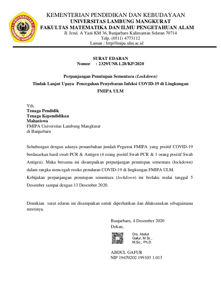 HIMAMIARedoks's tweet photo. [SURAT EDARAN] Perpanjangan Penutupan Sementara (Lockdown) Tindak Lanjut Upaya Pencegahan Penyebaran Infeksi COVID-19 di Lingkungan FMIPA. https://t.co/Wj5lxBjkza