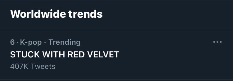 rvelites's tweet photo. Our tagline STUCK WITH RED VELVET is trending #6 worldwide 🥺

How's your feeling to see it, Luvies? It's all because of your hardwork 😭

We all miss you @RVsmtown so much, we'll waiting with respect
❤💛💙💚💜

#MAMAVOTE #redvelvet https://t.co/kpzdxQhN8v
