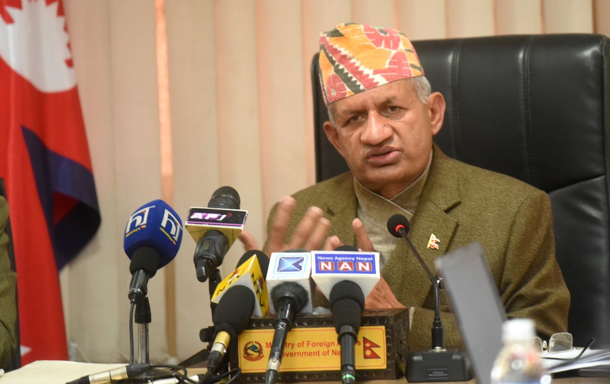 MofaNepal's tweet photo. Some clips of media briefing by Hon. Minister for Foreign Affairs, @PradeepgyawaliK and Foreign Secretary @PaudyalBR regarding Nepal's Foreign Policy 2077 and Annual Report 2076/77 @MofaNepal. https://t.co/hbzcz3hbZA