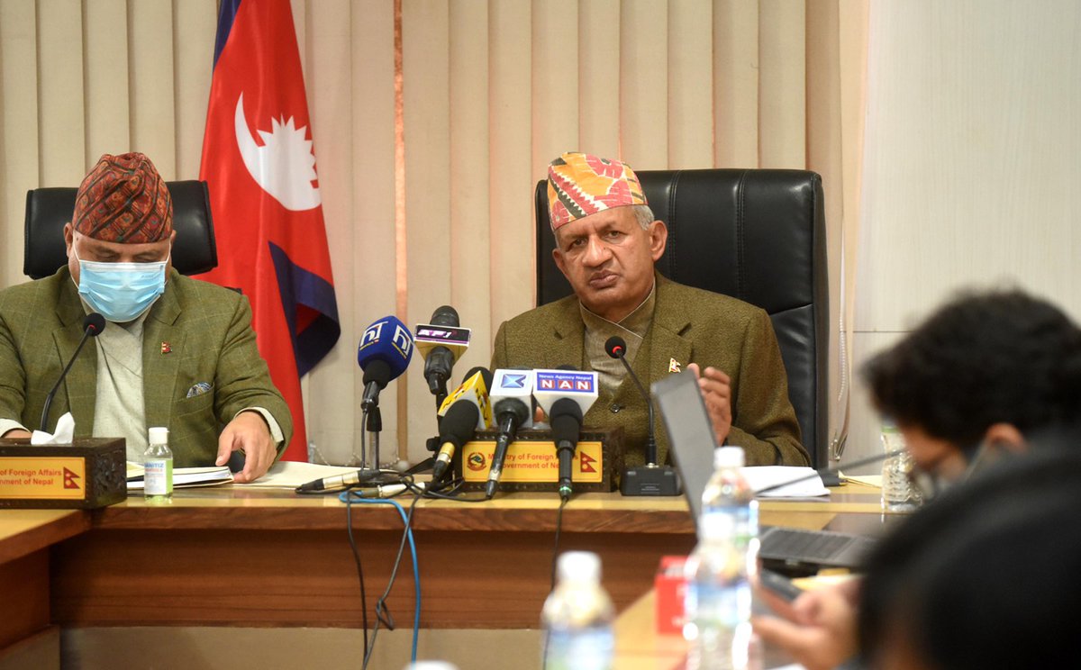 MofaNepal's tweet photo. Some clips of media briefing by Hon. Minister for Foreign Affairs, @PradeepgyawaliK and Foreign Secretary @PaudyalBR regarding Nepal's Foreign Policy 2077 and Annual Report 2076/77 @MofaNepal. https://t.co/hbzcz3hbZA