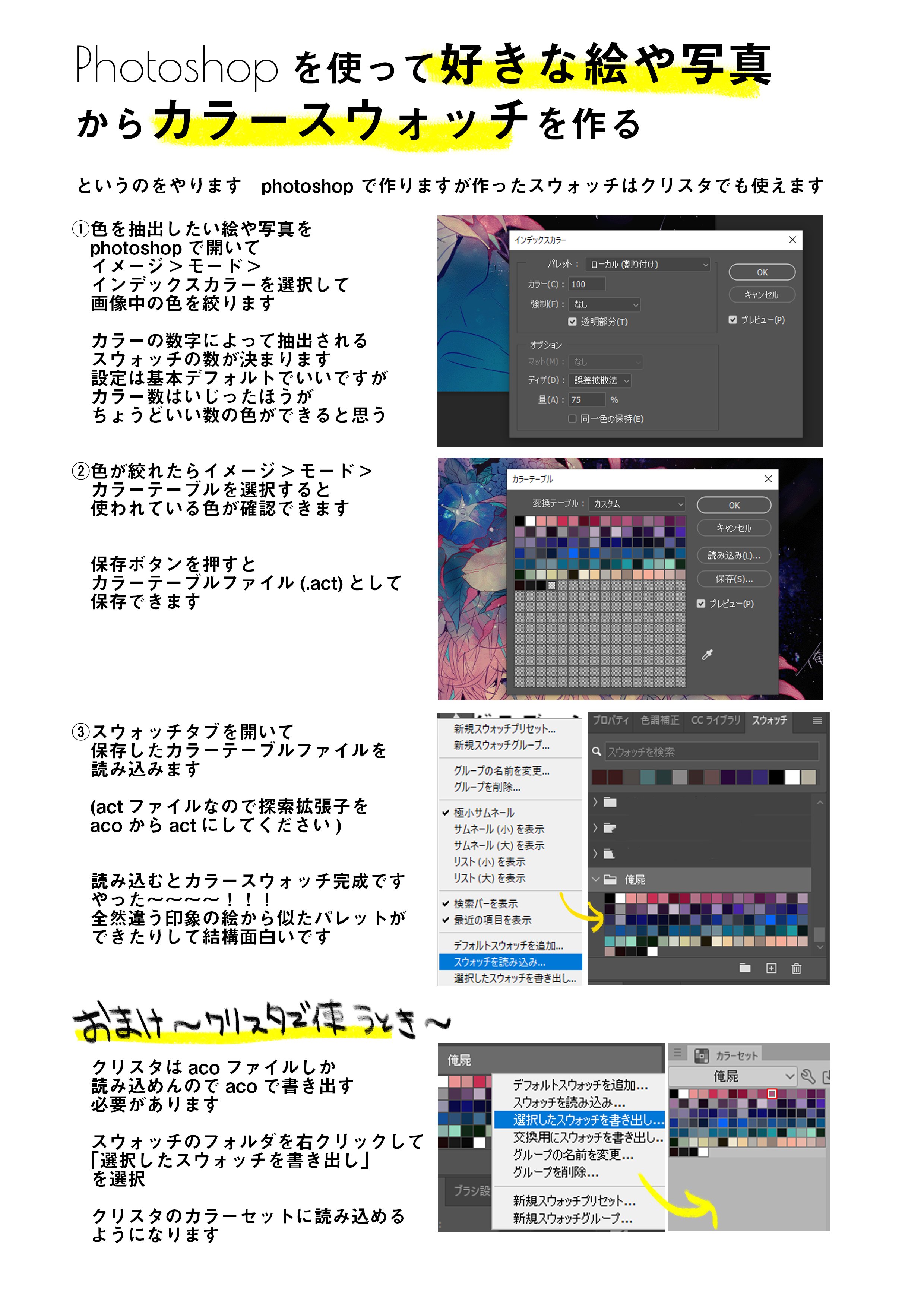 めばる 色抽出にハマってるのでメイキングを作りました 好きな絵や写真からスウォッチをつくるやつとグラデーションマップ を作るやつです Photoshopが要ります