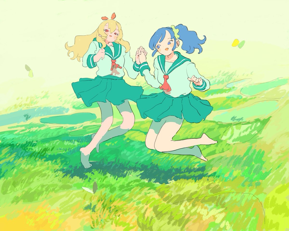 hoshimiya ichigo ,kiriya aoi multiple girls 2girls blonde hair school uniform skirt blue hair holding hands  illustration images