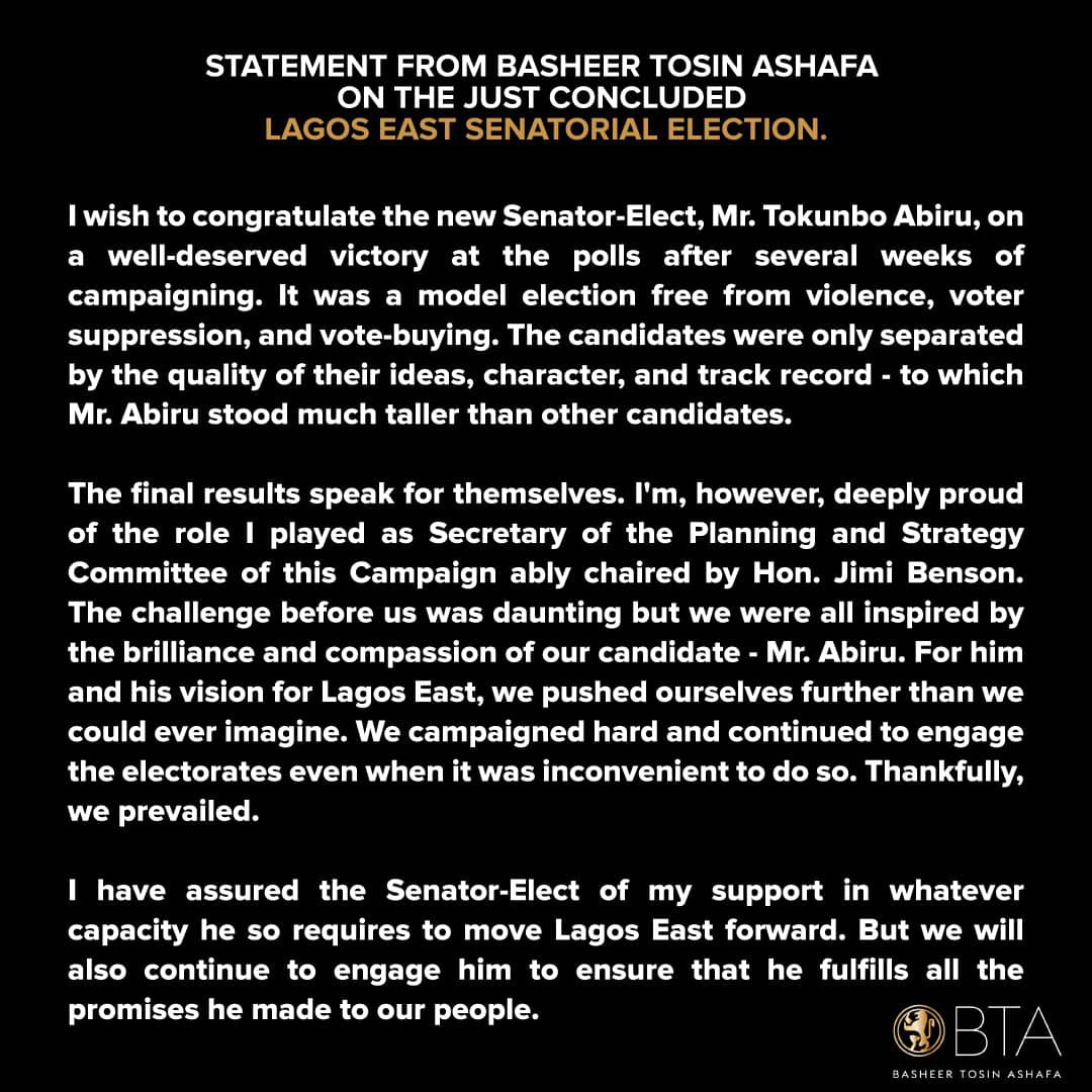 TosinAshafa's tweet photo. MY STATEMENT ON THE JUST CONCLUDED LAGOS EAST SENATORIAL ELECTION.@TokunboAbiru @IamJimiBenson @btasupportgroup https://t.co/V86RaZKshV