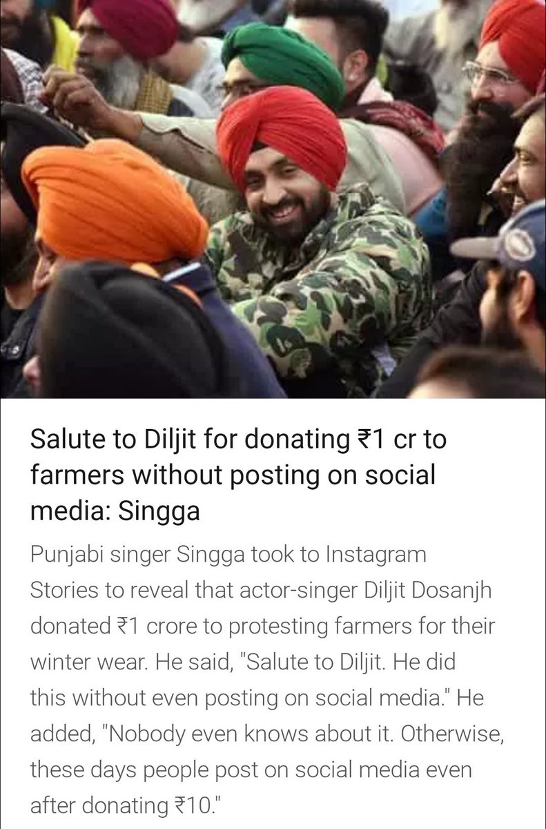 adv_chandnishah's tweet photo. BREAKING NEWS !

Singer turned actor turned 'P!mp of Khalistani Supporters' @diljitdosanjh donates a crore for farmers without sharing on Social media.

Asks his friend @singga_official to spread such claim.

How chivalrous and modest !! 

ना दान गुप्त रख सकते हैं, और नाही नियत ! https://t.co/MmYU2yFzMz