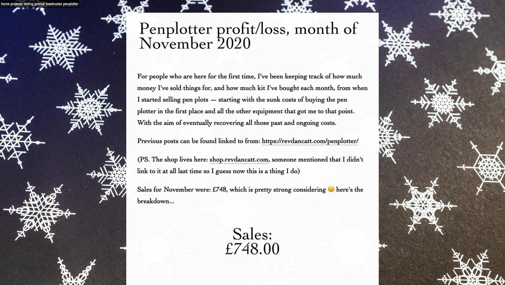 revdancatt's tweet photo. Penplotter profit/loss, month of November 2020: https://t.co/Gb1YvpiaQm
#penplotting #shoptalk #plottertwitter #NovemberEnd #MonthUpdate #SellingThings https://t.co/EZEMr7WEdV